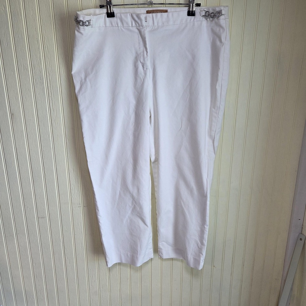 Ellen Tracy Pants Womens 14 White Twill Stretch Chino Buckle Pockets Casual